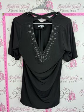 Notations Black Short Sleeve V-Neck Top with Stud Accents and Crisscross Back